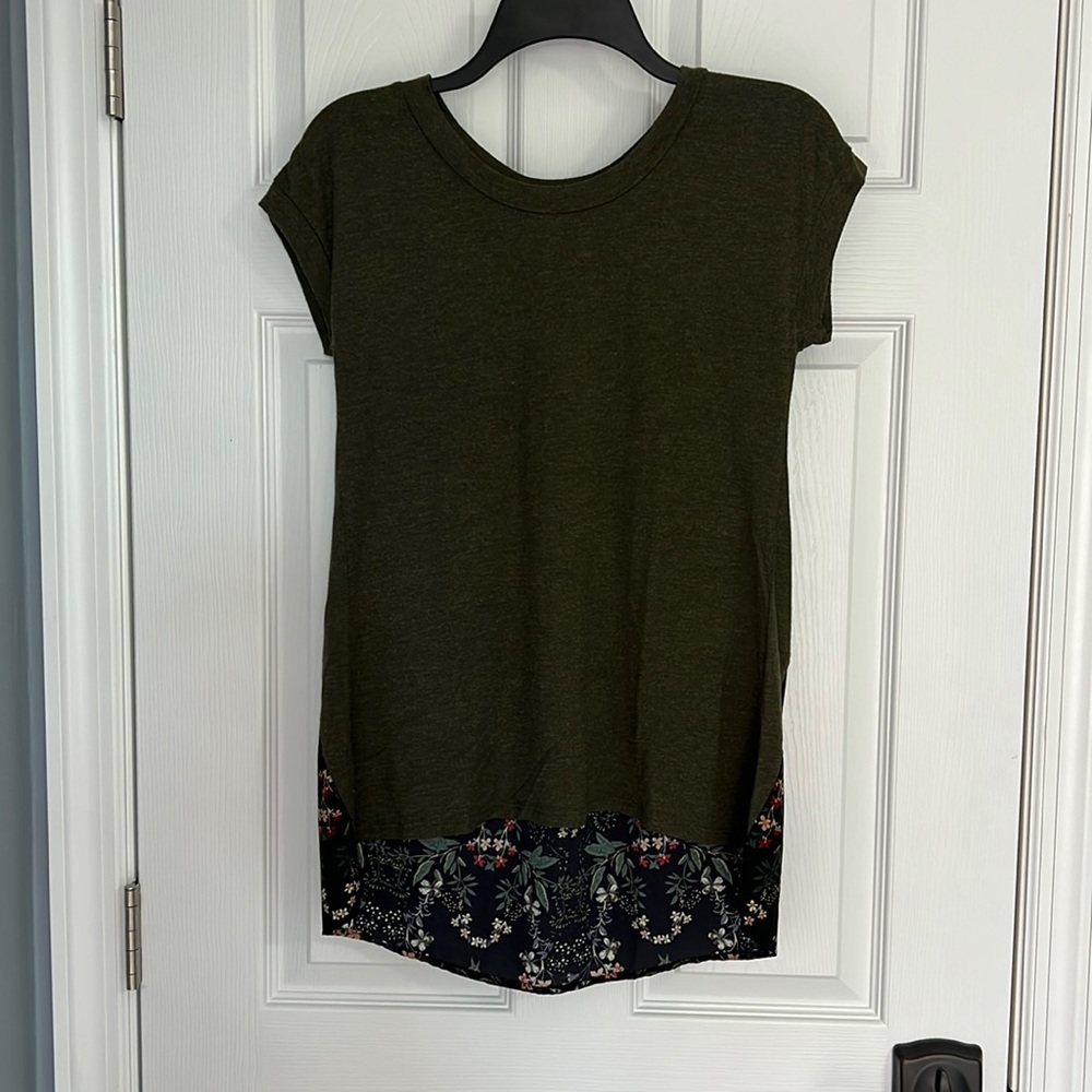 Kaleigh-Jolla mixed material knit top, green with floral pattern back, Womens XS